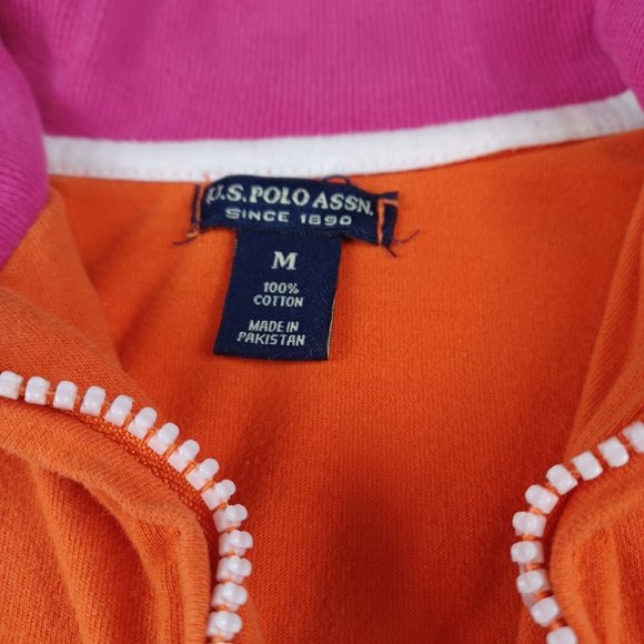 U.S. Polo Assn YOUTH Girls Size M 1/4 Zip Orange Pink Collared Big Pony Pullover - Picture 3 of 7